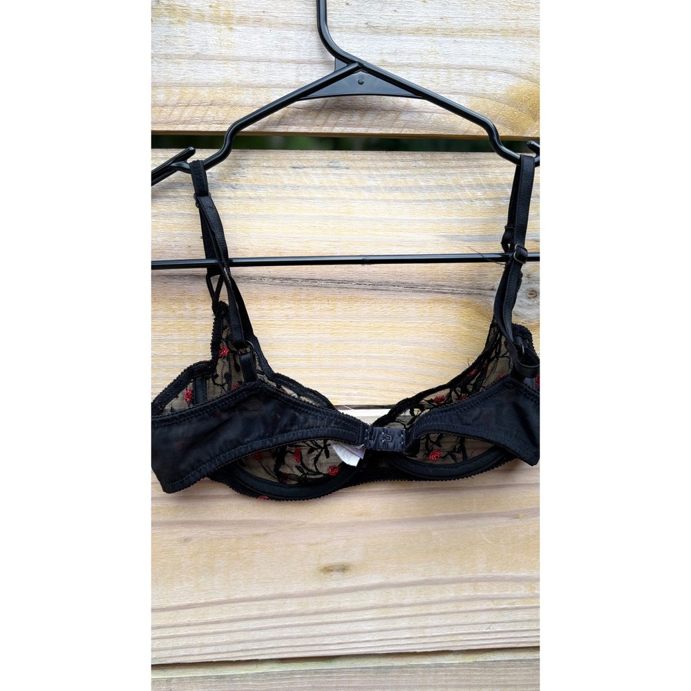 On Gossamer Black Red Rose Floral Embroidered Sheer Mesh Underwire Bra 36B - Picture 4 of 6